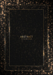 Vector shiny black festive background with a golden glitter, sparkles, outline frame and copy space. Premium brilliance decorative celebratory design template of invitation, brochure, notebook or card - obrazy, fototapety, plakaty
