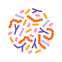 Fototapeta na wymiar Probiotic bacteria set in circle. Gut microbiota with healthy prebiotic bacillus. Lactobacillus, acidophilus, bifidobacteria and other microorganisms for biotechnology.