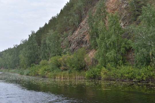 River and mountain with trees in the steppe field