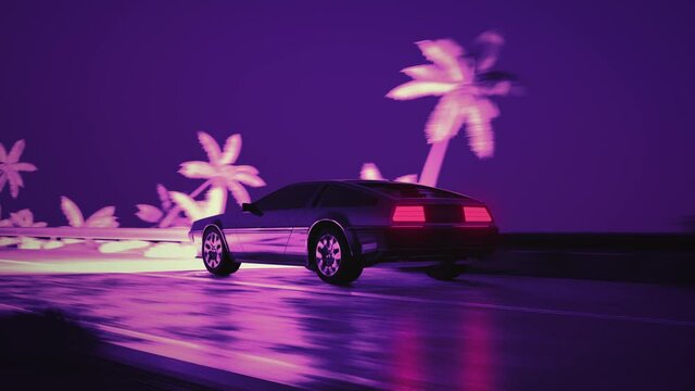 Car driving along highway. Night ride. Palm alley, country road, tropical coast fast drive, trip. Retro futuristic car concept. Dynamic light effects. Retro wave, synthwave style 3D Render animation