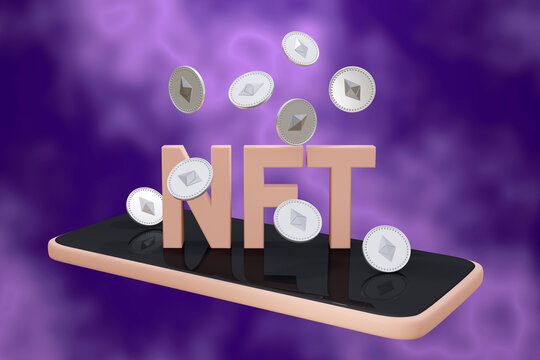 Schriftzug NFT für Non Fungible Token mit Ethereum Münzen mit verschwommenen Hintergrund. 3d Rendering