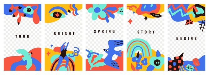 Abstract stories templates. Social media photo frames with transparent layer, modern video blogging decor, simple drawn layout, minimalistic floral spring design, vector isolated set
