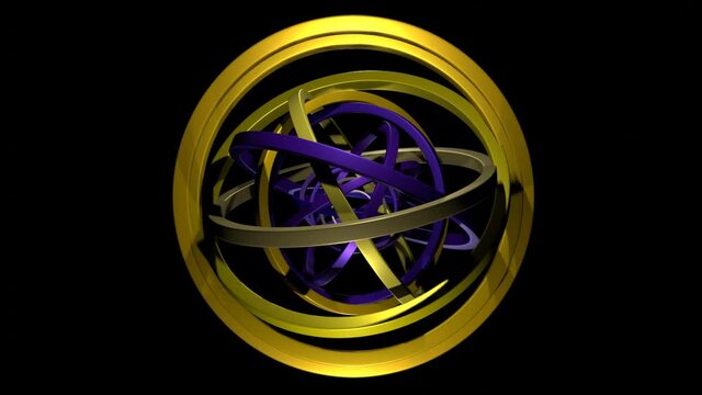 Rotating and increasing in size multi-colored rings. Colored rings on a black background. 3D render.