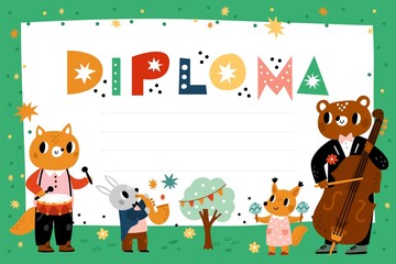 Animals kids diploma. Childish certificate. Cute musicians with cello and saxophone. Music class graduation. Funny band. Cartoon quartet plays instruments. Vector achievement document