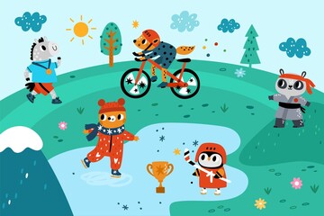 Animals outdoor sport. Athletes are engaged physical exercises in park. Ice skating bear and running horse. Owl playing hockey. Fox riding bike. Raccoon training karate. Vector concept