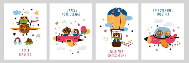 Animals pilots cards. Airplanes with passengers and aviators. Cartoon characters flying on air balloon. Frog traveler. Foxes and bears piloting planes. Aircraft flight. Vector postcards set