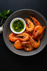 Overhead view of tiger prawn in bowl