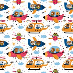 Animals pilots seamless pattern. Cute print with happy aviators characters. Mammals flying aircraft. Colorful airplanes and helicopters with passengers. Planes flight. Vector background
