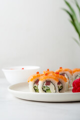 Close up of Philadelphia sushi roll with salmon, tuna, avocado, cream cheese on light table copy space