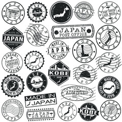 Kobe, Hyogo, Japan Set of Stamps. Travel Stamp. Made In Product. Design Seals Old Style Insignia.