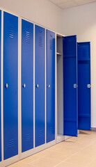 Close-up and general view of new metal lockers in a warehouse locker room