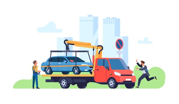 Car evacuator. Parking violations consequences. Driver catches up with automobile. Forced transportation of vehicle. Transport evacuation. Tow truck takes auto away. Vector concept