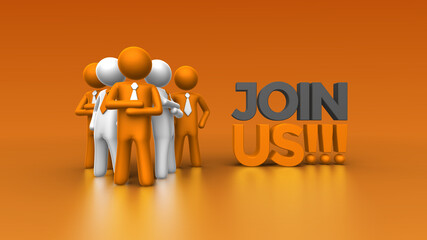 JOIN US! text and people for events, marketing business, programmes, poster, banner, bunting and advertising. 3D people with landscape orientation, orange and white color with orange background.