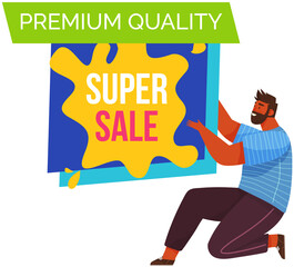 Super sale and discounts. Hot price banner, premium quality. Best offer poster, man points to flyer. New arrival, big sale special offer. Black friday. Special advertising purchases with great savings