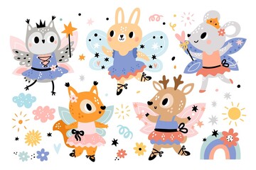 Obraz na płótnie Canvas Fairy ballerinas animals. Cute sorceresses characters with wings and magic wands. Little beautiful princesses in fancy dresses. Dancing squirrels and rabbits. Vector ballet dancers set