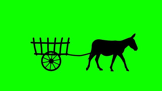A donkey pulling a cart, animation on the green background