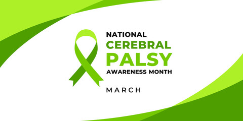 National Cerebral Palsy awareness month. Vector web banner, illustration, poster, card for social media. Text National Cerebral Palsy awareness month, march. A ribbon on green background. - obrazy, fototapety, plakaty