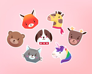 Collection of lovely cute baby animal faces. Stickers for decorating nursery, children locations and creating holiday tags, wrapping papers and decorations. Isolated vector images
