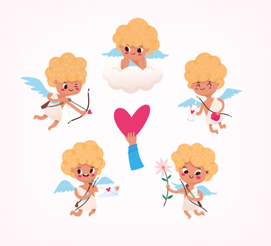 Collection of little angel kids cupid with wings clouds hearts and bow with arrows. Isolated vector images for valentines day greeting cards and labels