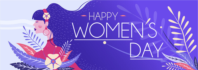 Panoramic design of a woman with long hair around flowers for International Women's Day.