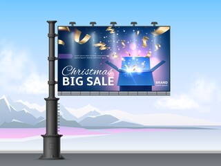 Realistic billboard advertisement design. Christmas discount advertising signboard. Street stand. Banner construction with sale poster. Outdoor sign border and landscape. Vector concept