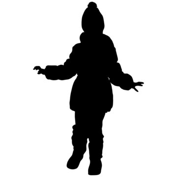 black silhouette of girl in winter hat, jacket and boots