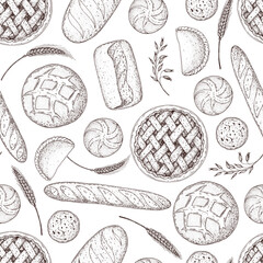 Obraz premium Different baked goods seamless pattern. Hand drawn vector illustration. Bakery sketch. Background template for design. Engraved food image. Hand drawn sketch with bread, pastry, sweet.