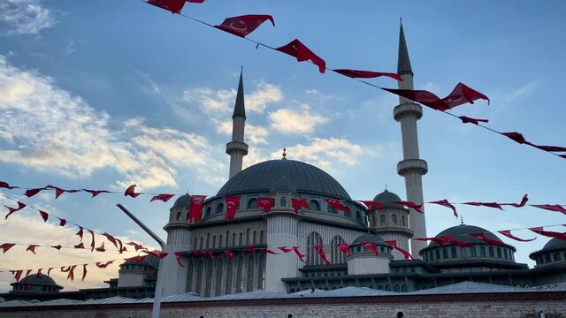 Turkish flags are seen in front of the Taksim Mosque, located in Taksim square, Istanbul, Turkey.
