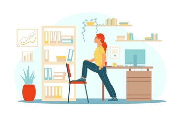 Workplace physical exercises. Home office fitness. Woman does physical workout. Helpful break during work. Training with furniture. Person stands in stretching pose. Vector concept