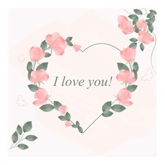Greeting card happy birthday, wedding, Valentine's Day. Square card template for valentine, mobile application, publication, advertising.   Heart-shaped flowers on a pink background.