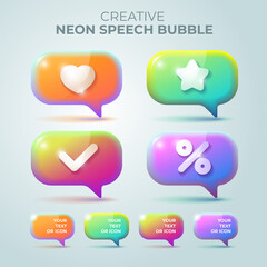 Isolated colourful speech bubbles with neon bright gradients for avertising or web content and social media publications, check mark, like, heart, star, rating and percent icon