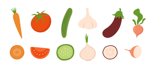 Vegetable set for salad and various dishes. Proper healthy nutrition. Vector