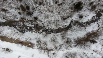 water flowing over rocks and ice in mountain river