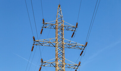 high voltage post.High-voltage tower sky background. Electricity concept, High voltage electric transmission pylon silhouetted tower.