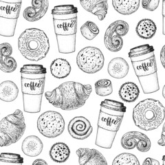 Pastry and coffee seamless pattern. Coffee house menu. Different baked goods. Hand drawn vector illustration. Bakery sketch. Background template for design. Engraved food image.