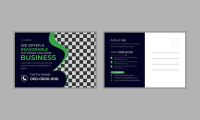 Postcard design template with dark blue and white background, corporate real estate, business postcard design, medical postcard design template layout with green color color set