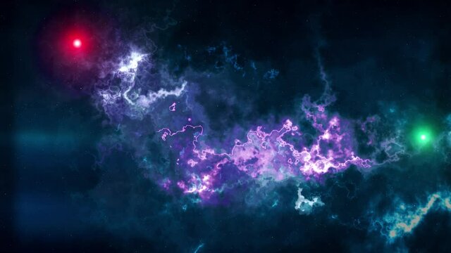 Flying in space through nebulae. Smooth cosmic background with moving stars and highlights