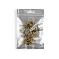 A plastic resealable bag full of marijuana cannabis flower buds. Isolated on white background.