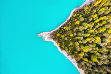 Natural landscape from air. Aerial view on the lake and forest at the autumn time. Forest and lake....