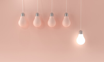 Hanging light bulbs with glowing one different idea on pink background.