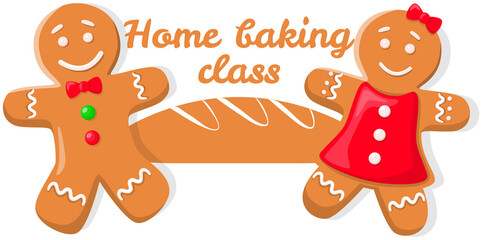 Baking masterclass emblem design with gingerbread men. For cafe brand, cooking pastries poster. Christmas sign template, bakery school badge. Baking class design elements with holiday gingerbread