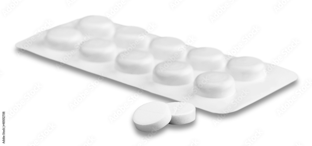 Poster White medical capsules and pills in a blister