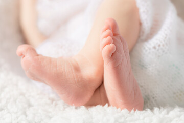 Baby legs close up on a light background