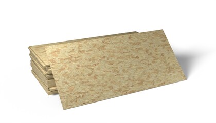 3d render illustration OSB boards from wood chips isolated on white background. Realistic wooden building materials. Stack of wooden boards for construction.
