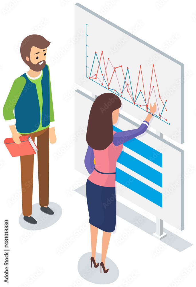 Poster visualize with business analytics. people work with statistical data analysis, changing indicators. 