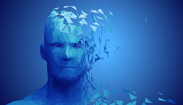 Human head, low poly style 3d vector wireframe object broken into different particles.