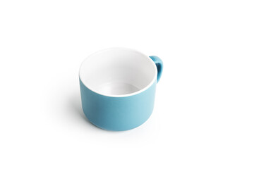 Blue tea cup for drink isolated on white background. Ceramic coffee cup or mug close up.