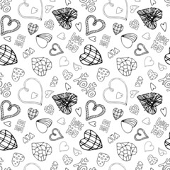 Vector seamless pattern ith doodle styled hearts and words.Romantic background for Valentines day.Black outlines on white background.Modern backdrop for textile,wrapping paper,decoration