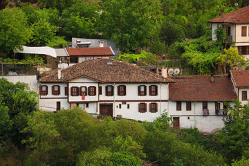 selective focus, old historical stone houses in Safranbolu, the old historical district of Karabük district. red roof tile. Turkish flag hanging in stone house