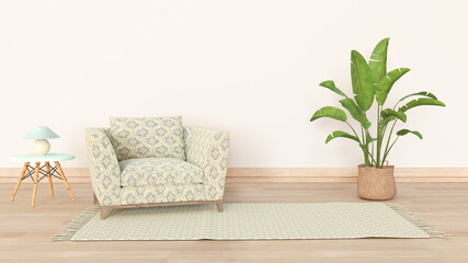 Living room interior with armchair, table, lamp, carpet, pot plant and empty wall
